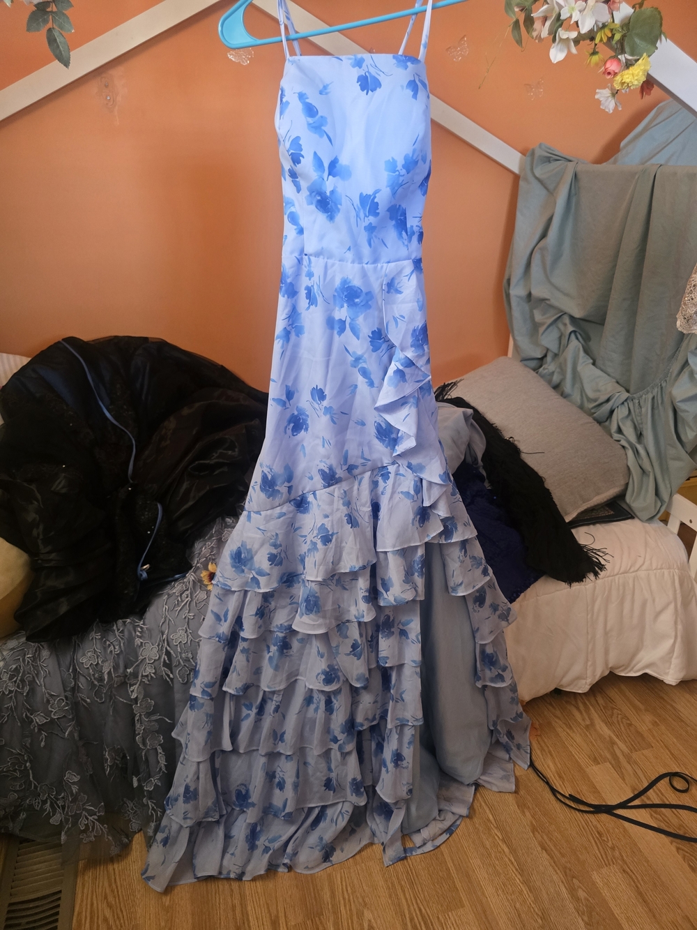 Blue Floral Ruffled Maxi Dress